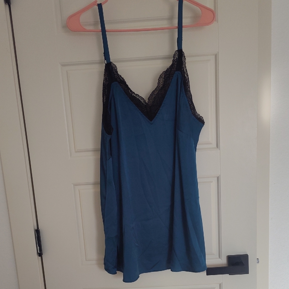 torrid Teal Satin Chemise with Black Lace Trim